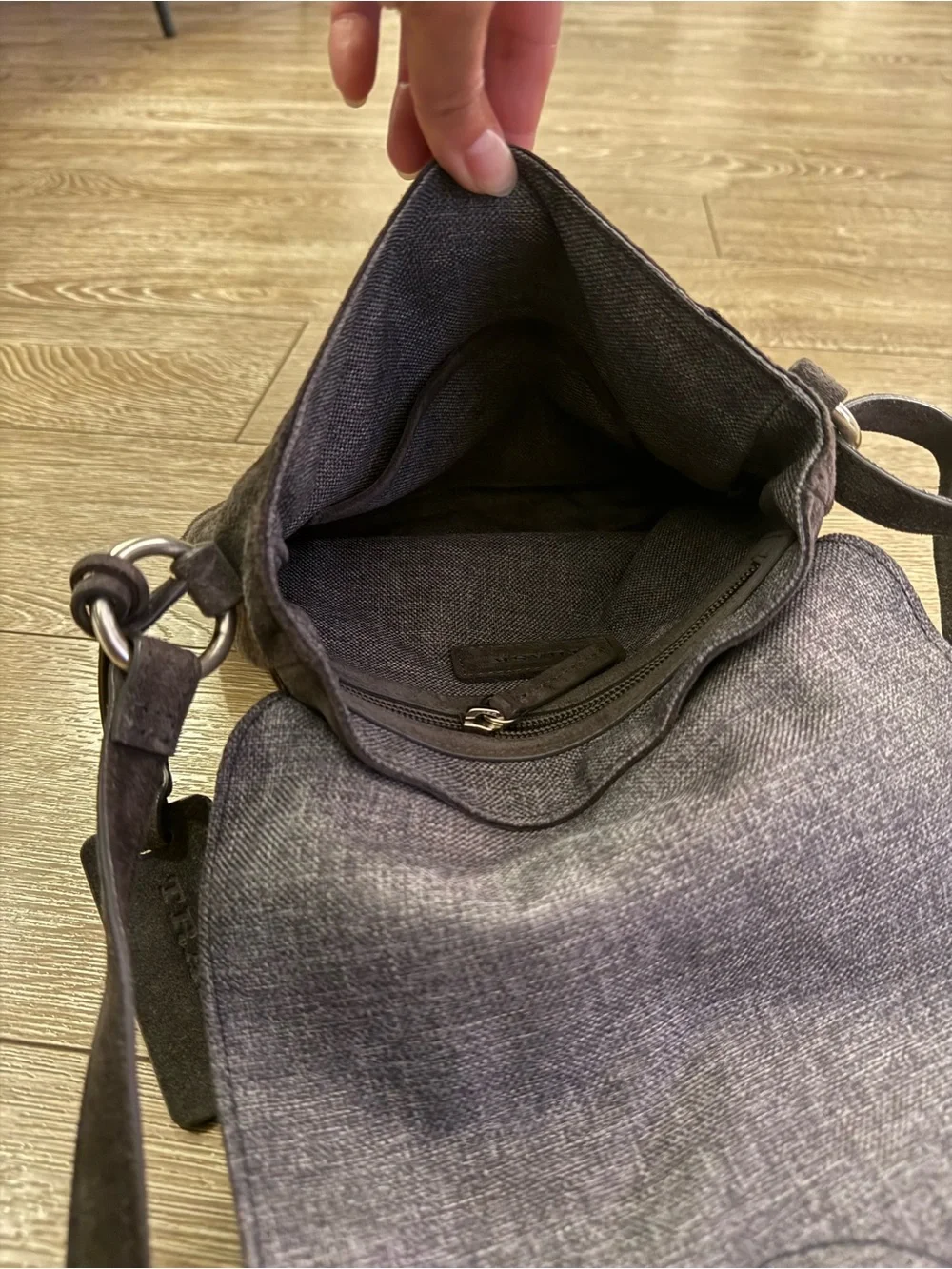 Trask Gray Suede & Leather O-Ring Flap Crossbody Bag